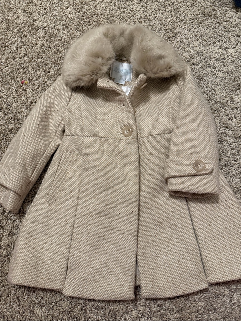 Edgehill Collection Girls Beige Faux Fur Collar Dress Coat Classic Winter